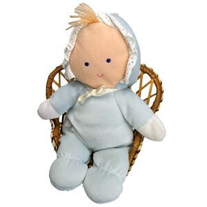 Vintage Animal Fair Blue Velour Terrycloth Baby Doll Plush Korea Rattle Yarn 10"